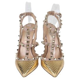 Décolleté con cinturino alla caviglia Rockstud in pelle e pelle di serpente d'acqua Gold/Rose Gold Valentino