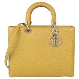 Christian Dior Bolsa Tote Large Lady Dior em couro de avestruz amarelo