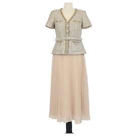 Self portrait Abito midi in boucle di tweed con cintura Gold/Beige Self-Portrait