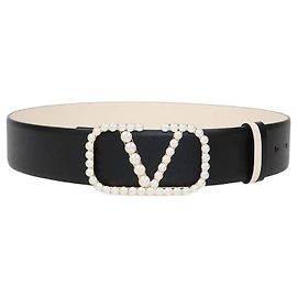 Valentino Wendelgürtel aus Leder in Black/White mit VLogo Pearl Verzierungen