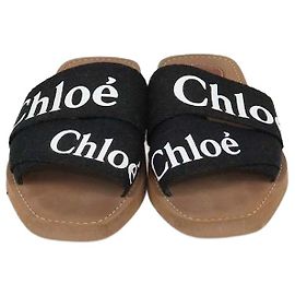 Chloé Chloe Black Canvas Logo Woody Flat Slide