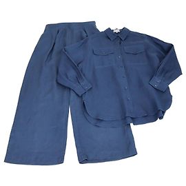 Autre Marque Les 100 Ciels Emilie Set aus blauen Leinen mit Doppeltasche (Hemd & Hose)