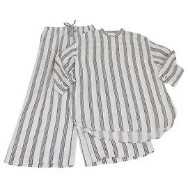 Autre Marque Les 100 Ciels Kora Langarm-Tunika & Hose Set aus weißem Leinen