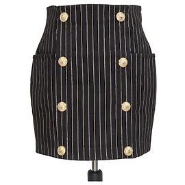 Balmain Black Cotton Striped Button Embellished Mini Skirt