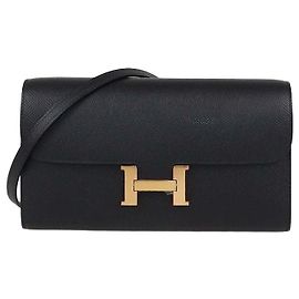 Hermès Portefeuille Constance To Go Hermes en cuir Epsom noir avec hardware or rose