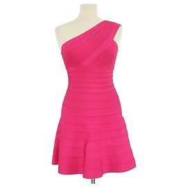 Herve Leger Sydney Mini-Kleid aus Rayon-Mischung im Bandage-Strick in leuchtendem Pink, One-Shoulder