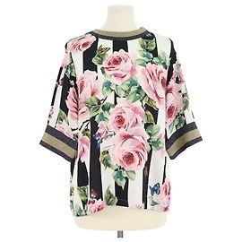Top de manga corta Dolce & Gabbana de seda multicolor con estampado de rosa y detalles de apliques de punto