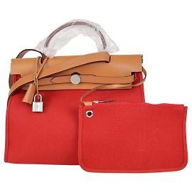 Hermès Hermes Rouge Tomate, Natural Canvas and Leather Herbag Sellier Zip 31 Bag