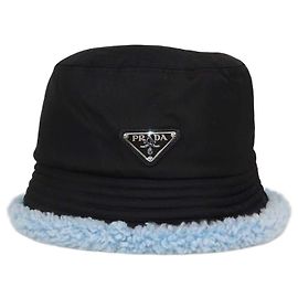 Chapéu Bucket Prada em nylon preto/azul e pele de carneiro