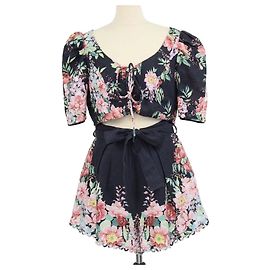 Zimmermann Black/Multicolor Linen Floral Print Crop Top & Short Set