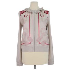 Hermès Hermes Grey, Pink Palefroi Remix Cárdigan con Cremallera y Cuello Volante