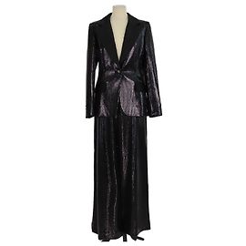 Set Blazer e Pantaloni Wide-Leg Elie Saab in Misto Poliestere, Paillettes e Raso Nero