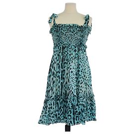 Vestido Mini com Babados em Seda com Estampa de Leopardo Azul/Preto Dolce & Gabbana