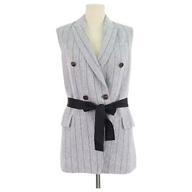 Blazer sin mangas cruzado a rayas de lino Gris/Azul Brunello Cucinelli