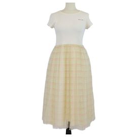 Abito Marni Kids a maniche corte in mesh con stampa a quadri giallo chiaro, cotone, logo ricamato