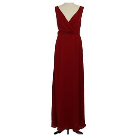 Vestido largo sin mangas con cuello en V de seda rojo oscuro Ralph Lauren