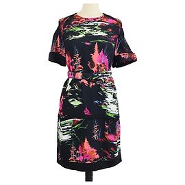 Balenciaga kurzärmeliges Midi-Kleid aus Rayon mit Forest-Print in Schwarz/Multicolor und Gürtel