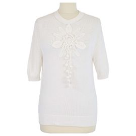 Loewe Off White Oberteil aus Baumwollmisch-Strick mit Rundhalsausschnitt und kurzen Ärmeln
