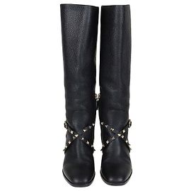 Valentino Rockstud Reitstiefel aus schwarzem Leder mit Schnalle