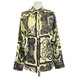 Ganni Gianni Versace Langarmshirt aus bedruckter Seide in Schwarz/Gold mit Bindeband am Rücken