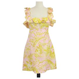 Zimmermann Mini-Kleid aus Leinen in Rosa/Gelb mit Blumenprint, Rüschen und Cut-Outs