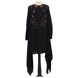 Elie Saab Langärmeliges Tunika-Kleid aus schwarzer Seide mit Pailletten und Perlen