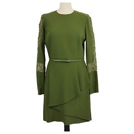 Elie Saab kurzes, gegürteltes Kleid mit langen Ärmeln aus Viskosemischung in Olivgrün mit Spitzen-Details