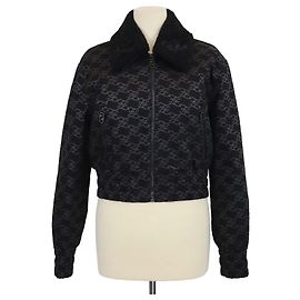 Giacca con zip Fendi nera in denim con stampa FF e collo in shearling removibile