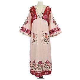 Vestido maxi túnica Farm Rio multicolor en lino con bordados Nature y escote en V