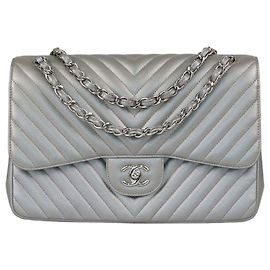Chanel Metallic Grey Chevron Leather Jumbo Classic Double Flap Bag