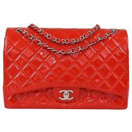 Chanel Coral Red Quilted Patent Leather Maxi Classic Double Flap Bag