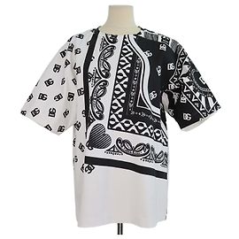T-shirt girocollo in misto tessuto con stampa bandana nero/bianco Dolce & Gabbana