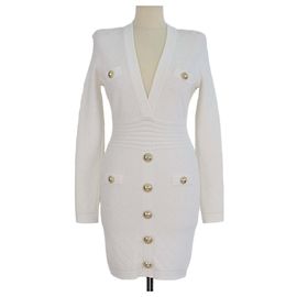 Balmain Mini-Kleid aus weißem Jacquard-Strick mit Knopfdetails