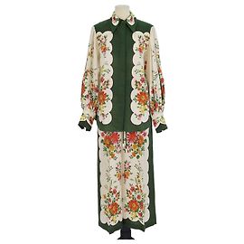 Autre Marque Set Alemais Camicia a Maniche Lunghe e Pantaloni a Gamba Larga con Stampa Floreale Verde/Crema in Lino