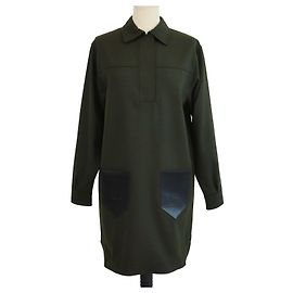 Vestido largo de manga larga en lana verde oliva Lanvin Enfant con cuello polo