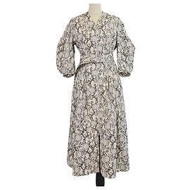 Jil Sander Midi-Kleid mit Gürtel aus floral strukturierter Baumwollmischung in Creme/Schwarz