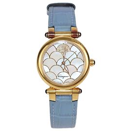 Orologio Idillio Salvatore Ferragamo in acciaio inossidabile placcato oro, madreperla, diamanti e pelle di alligatore 34 mm