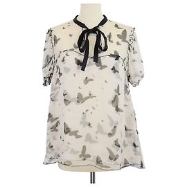 Dolce & Gabbana Top transparente de seda D&G beige claro/negro con estampado de mariposas y detalle de lazo