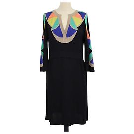 Autre Marque Temperly London Black/Multicolor Blend Silk Strickkleid mit V-Neck