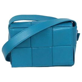 Borsa a tracolla Mini Cassette in pelle Intreccio blu teal Bottega Veneta