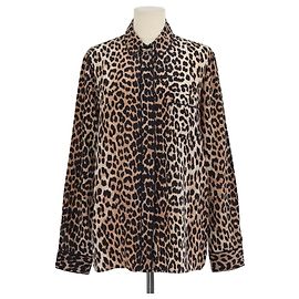 Camisa de manga larga Ganni de seda marrón con estampado de leopardo