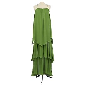 Abito maxi asimmetrico a balze in misto seta verde muschio Cult Gaia