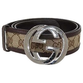 Gucci Brown/Beige GG Canvas and Leather Interlocking G Buckle Belt