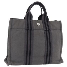 Hermès Bolso HERMES Fourre Tout PM algodón Gray Silver Auth 199978
