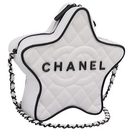 Borsa a tracolla con catena CHANEL Matelassé a forma di stella in raso Bianco Nero Auth 200368SM