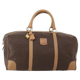 Céline CELINE Macadam Canvas Boston Bag PVC Leather Brown Gold Auth 199626