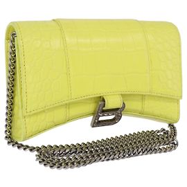 Borsa a tracolla con catena BALENCIAGA in pelle goffrata effetto coccodrillo Giallo Argento Auth ka5986M