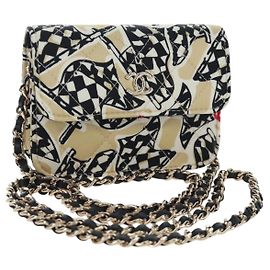 CHANEL Mini Matelasse Chain Shoulder Pouch Satin Beige Silver CC Auth 196975M