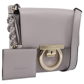 Borsa a tracolla Salvatore Ferragamo Gancini in pelle grigia e oro Auth ka6000V