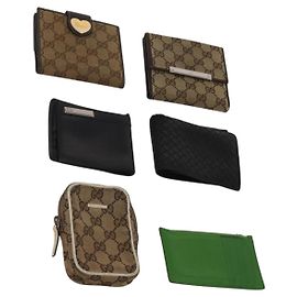 GUCCI Pouch Wallet GG Leather Canvas 6 Set Beige Black Auth am12473